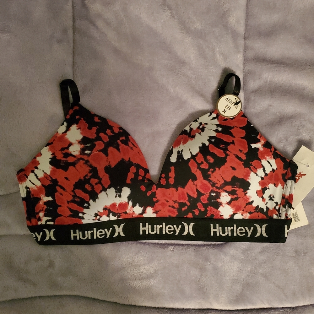 NWT Two Hurley Black white Red tie dye Bra Size 36C Wireless